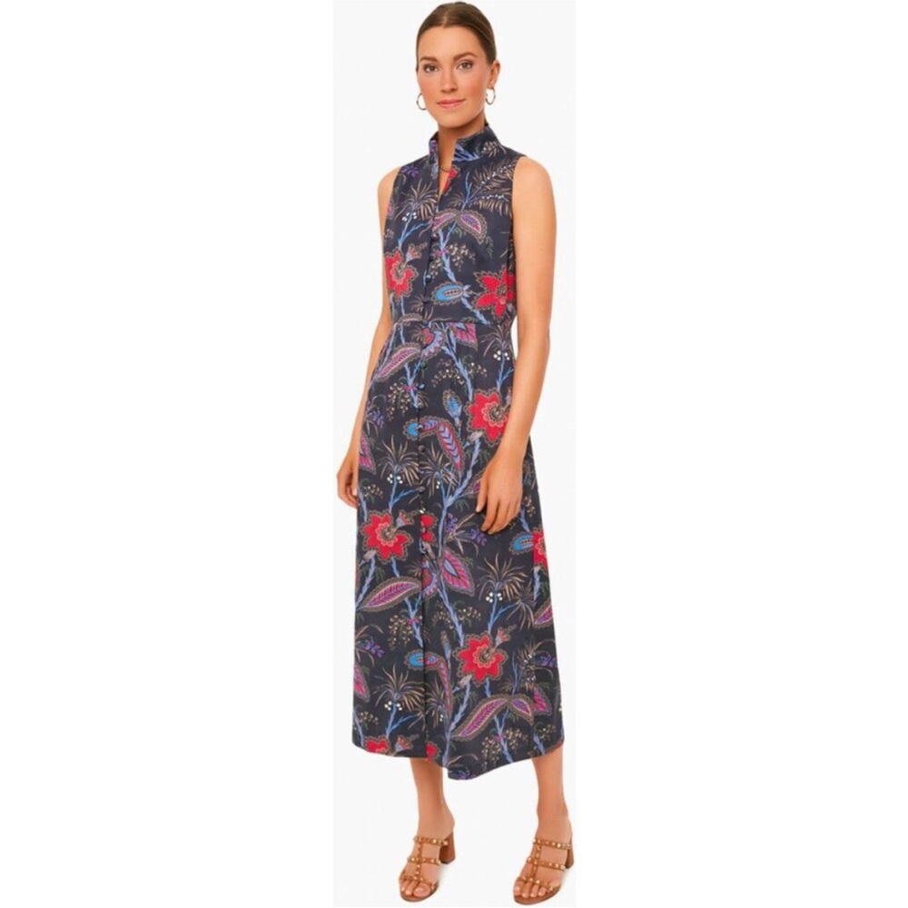 TUCKERNUCK Black Red Floral Button Up Sundance Sky Formal Midi Dress